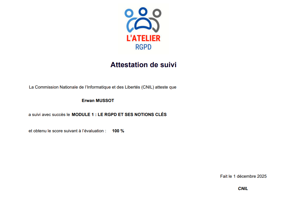 Diplôme L'Atelier RGPD Module 1